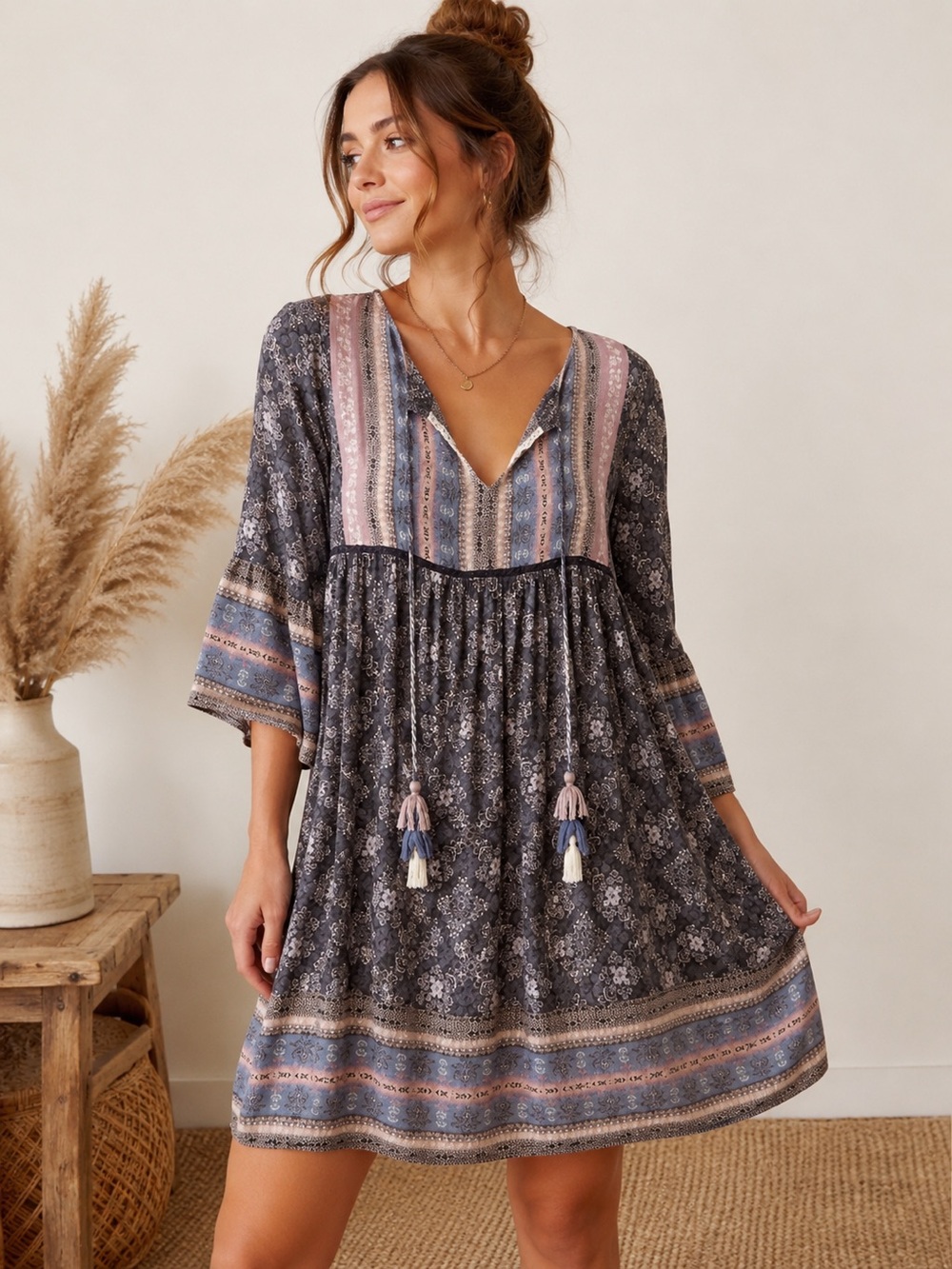 Knox Rose Boho Tassel Tie Floral Border Print Bell Sleeve Rayon Dress Small